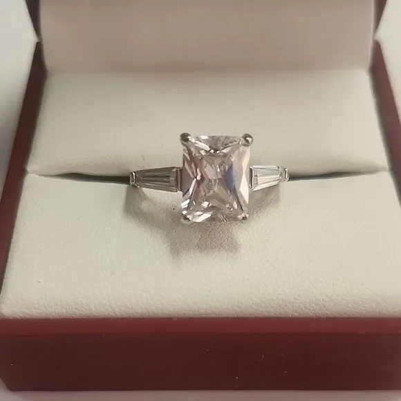 Silver-Tone Princess Cut Solitaire Ring with Baguette Accents - Clear Size 7