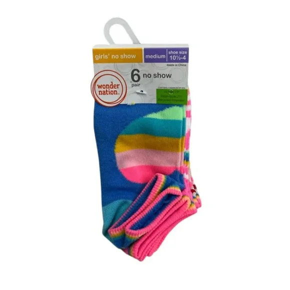 Wonder Nation Girls Colorful 6‎ pk No Show Socks Kids 10.5-4