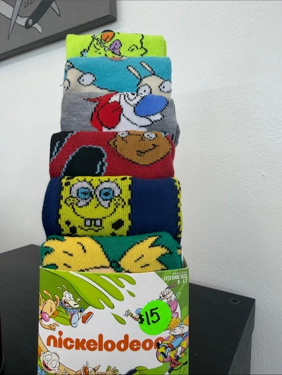 Nickelodeon Character Crew Socks - Neon Green, Blue, Gray, Red, Yellow