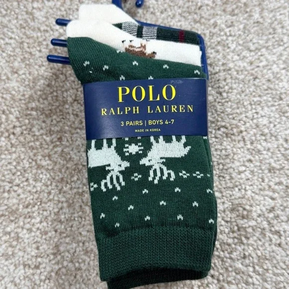Polo Ralph Lauren Boys 3 Pack Socks Green Reindeer Moose Plaid Size 4-7 NEW