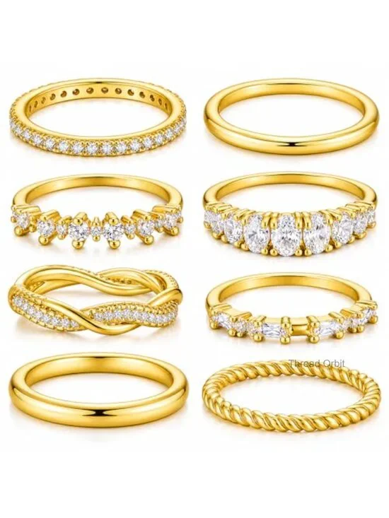 8 Pcs Stackable Rings Set 14K Gold Plated Cubic Zirconia Dainty Statement