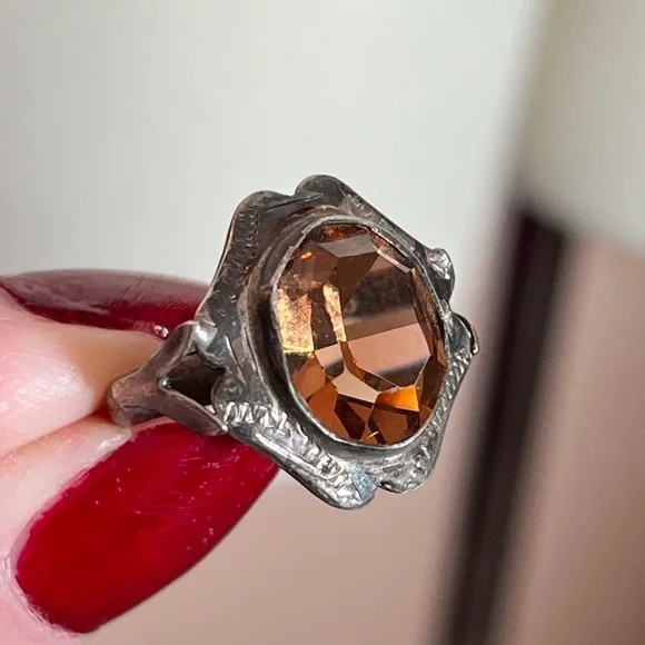 Antique Art Deco 1920’s Sterling Silver pink brown Glass Victorian Signet Ring