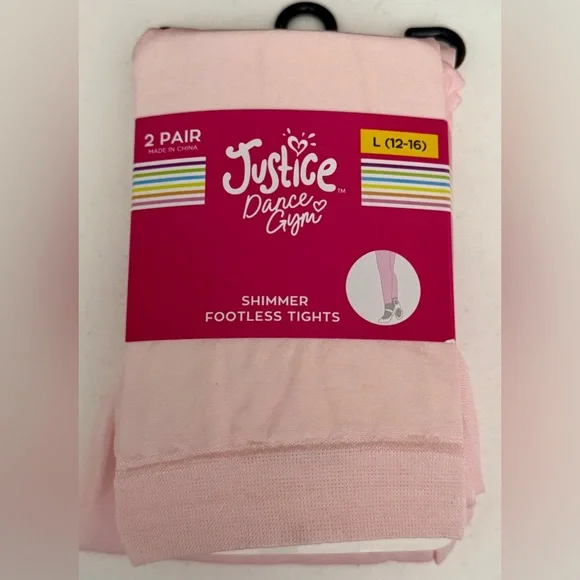 JUSTICE Girls L Shimmer Footless Tights 2 Pairs Pink SIZE 12-16 NEW