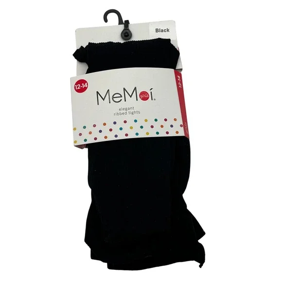 MeMoi Ribbed Tights Girls 12-14 Black Elegant Ribbed MK-215 Nylon Spandex Blend