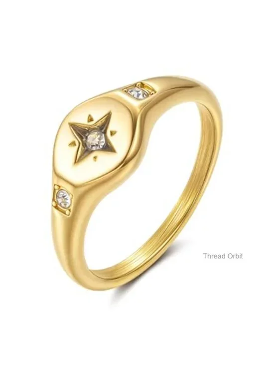 18K Gold Plated Stainless Steel North Star Signet Ring Cubic Zirconia Stacking