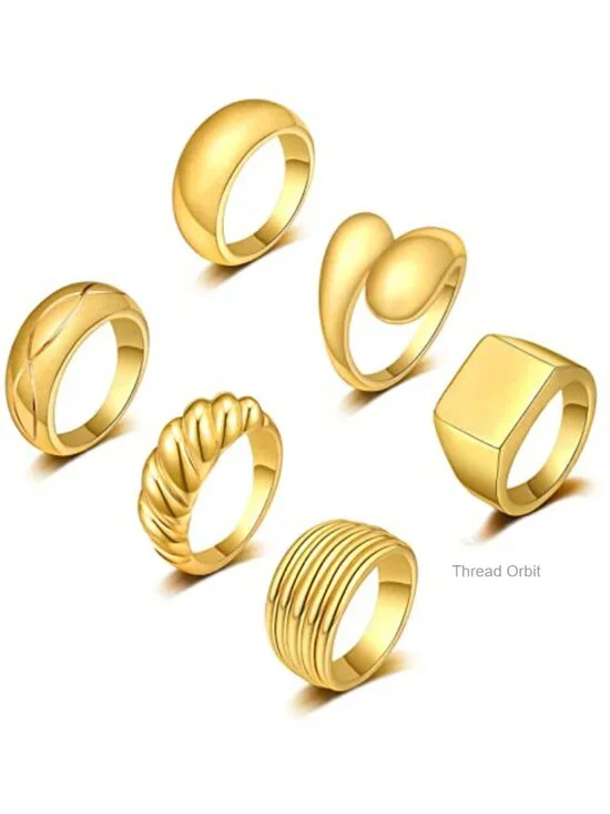 6 Chunky Dome Stacking Rings Set 18K Gold Plated Brass Statement