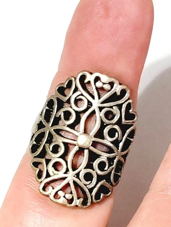 Celtic Style Statement Ring Size 5.5 Silver-tone Hearts Flowers Statement  r-66