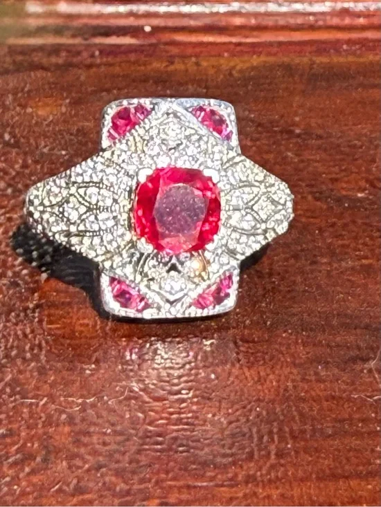 Vintage Engagement Style 925 Sterling Silver Lab Ruby CZ Cluster Ring Size 7