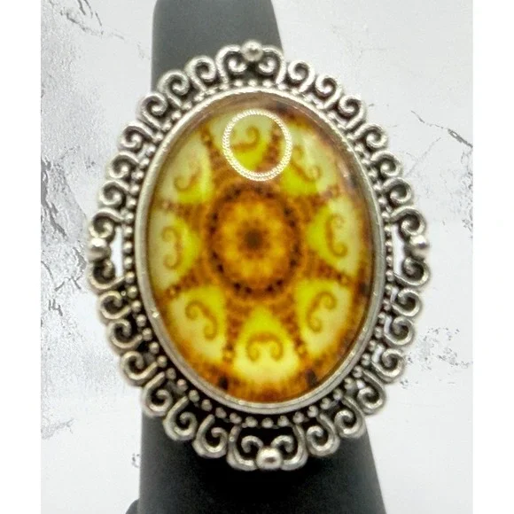 Yellow Sunburst Statement Ring Silver Tone Adjustable Boho Oval Ring 1.5