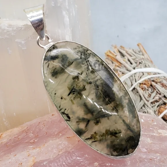 Large Genuine Prehnite Cabochon White Rhodium/Silver Artisan Pendant