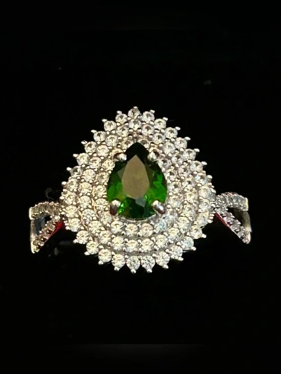 1.00CT Pear Shape Green Chrome Diopside w/1.17CT White Zircon Triple Halo Ring
