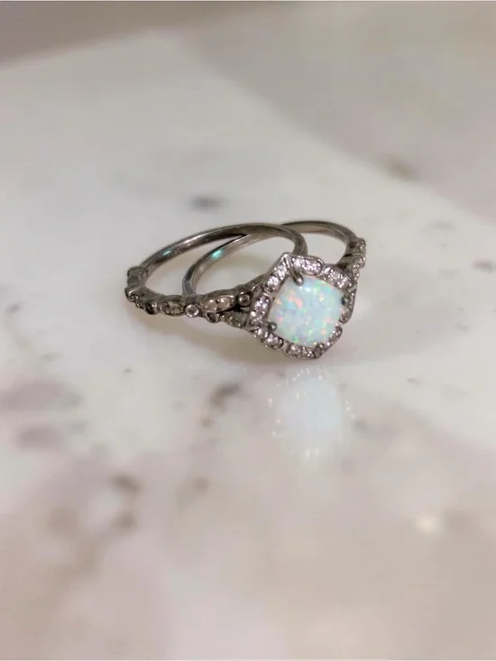 Sterling Silver Lab Opal CZ Halo Engagement Wedding Ring Set 2 Piece Sz 8 White