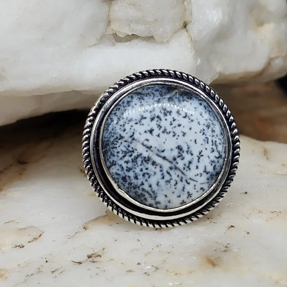 Large Natural Cabochon Dolomite Stone Rhodium /925 Silver Ring