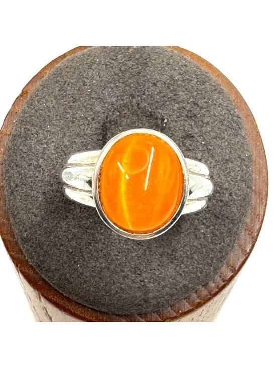 Orange Cat's Eye Cabochon Statement Ring 925 Sterling Silver Size 5.76