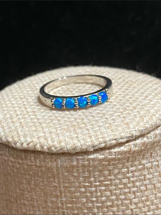 Blue Opal Row Stainless Steel Band Ring