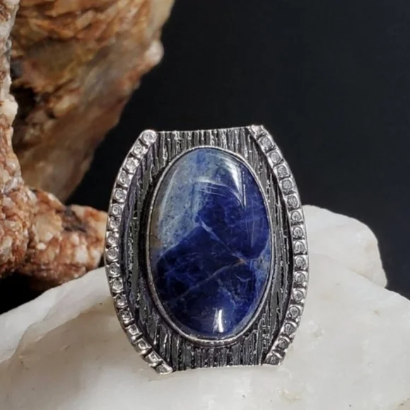 NARURAL RAW AZIRURTE Cabochon STONE White Rhodium/925 Silver