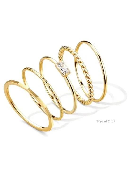 14K Gold Plated Stackable Rings Set - 5 Thin Band Rings - Waterproof Stainless