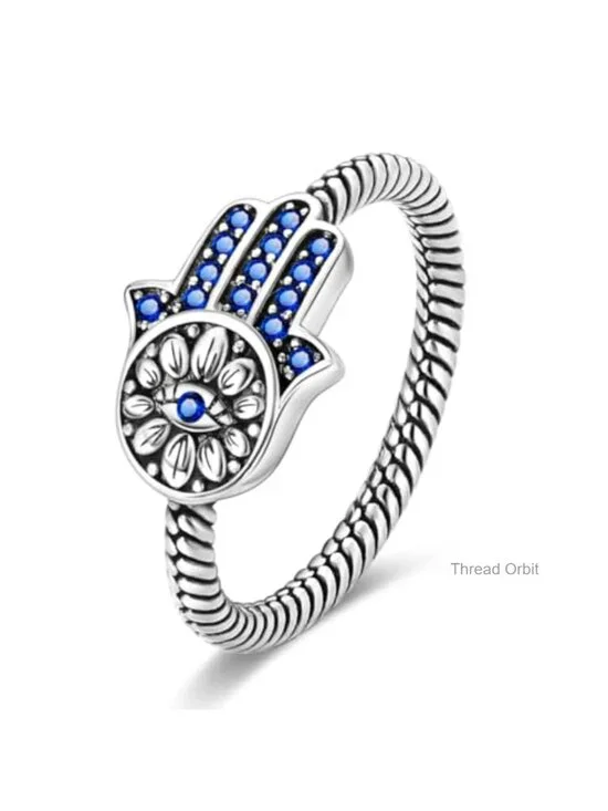 925 Sterling Silver Hamsa Evil Eye CZ Stone Ring
