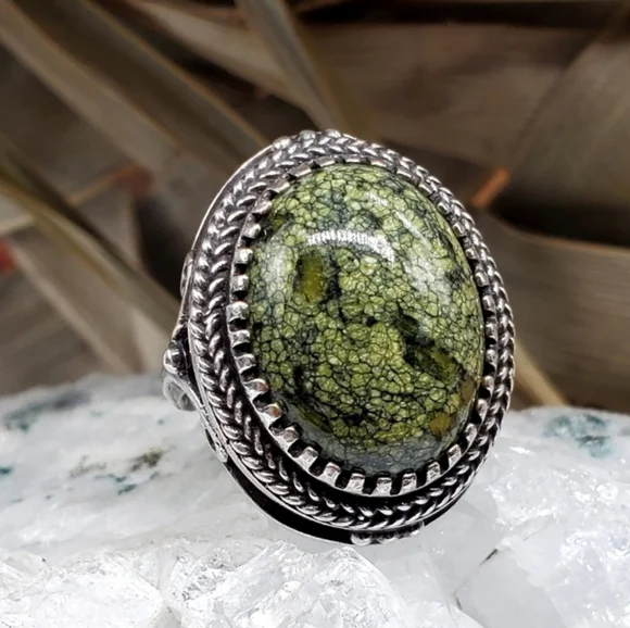 Natural SERPENTINE Stone Rhodium/Silver Artisan Ring Boho Jewelry Ethnic