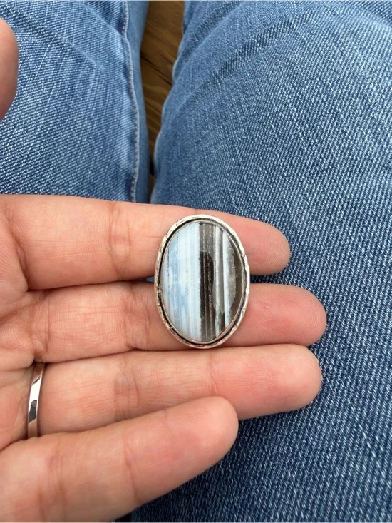 Striped Agate Oval Sterling-Style Ring — Blue and Brown