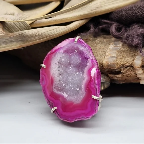 Genuine Banded Agate Druzy Quartz Geode White Rhodium/925 Silver Ring Boho
