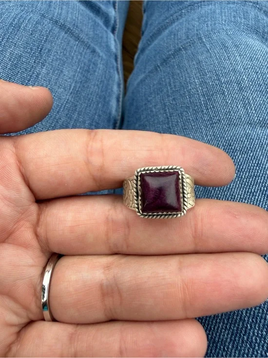 Sterling Silver Ring with Deep Purple Square Stone - Women's Jewelry