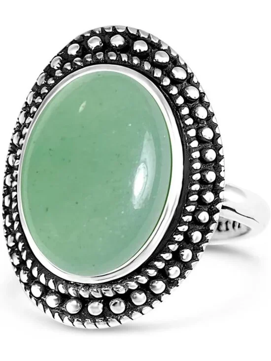 Boho Natural Oval Stone Ring, Antique S925 Silver Crystal Quartz Gemstone