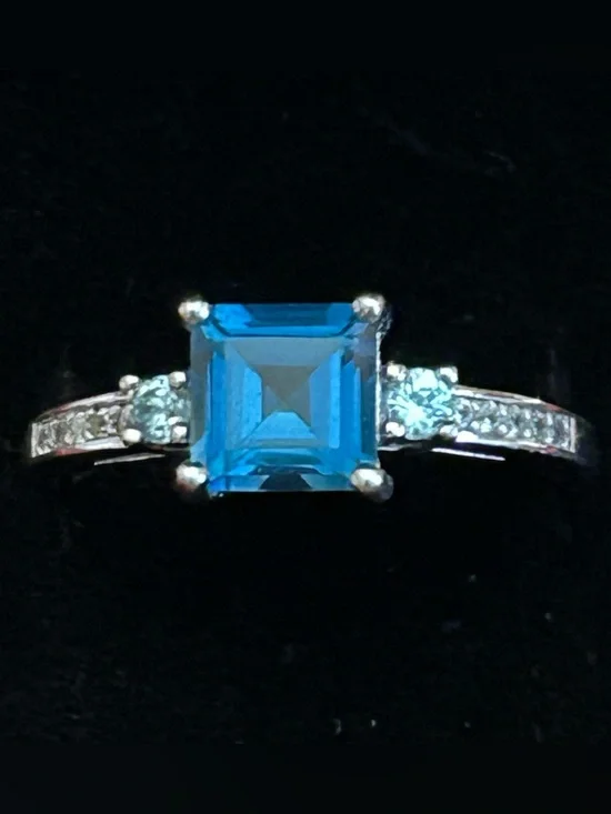1.64CT Square-Cut London Blue Topaz & .30CT White Zircon Gemstone Ring Set in SS