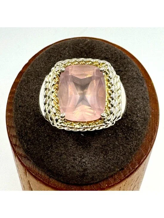 Rose Quartz Prong Set Ring Two Tone 925 Sterling Silver Size 8