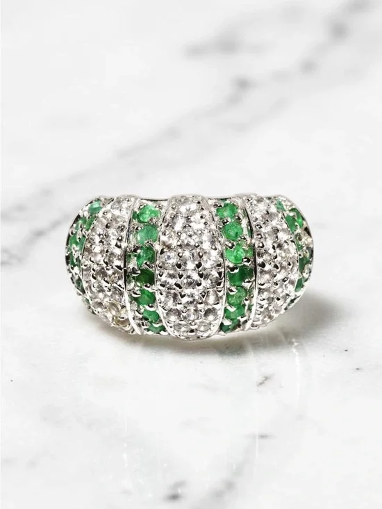Solid 925 Sterling Silver Natural Emerald White Topaz Dome Cluster Ring Sz 6.5