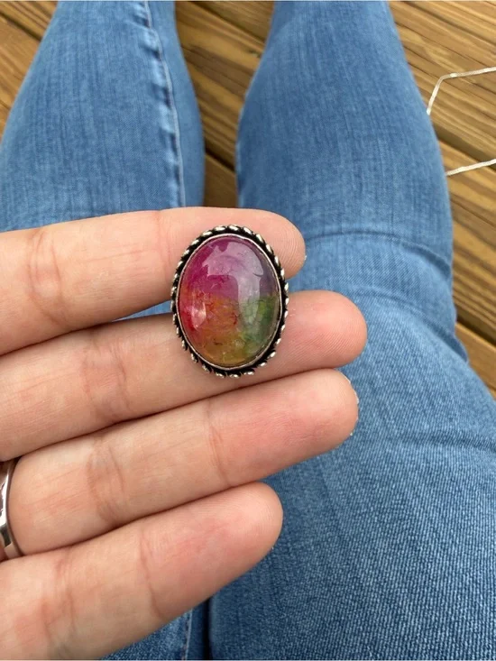 Multi-Color Oval Stone Silver Ring - Women Jewelry