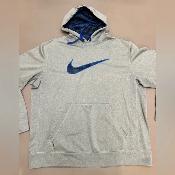 Nike Hoodie Therma-FIT Men's XL Gray Blue Swoosh Pullover Sweatshirt 657533-063