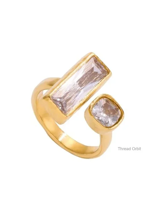 Square Cubic Zirconia Gold-Tone Statement Ring Hypoallergenic Stainless Steel