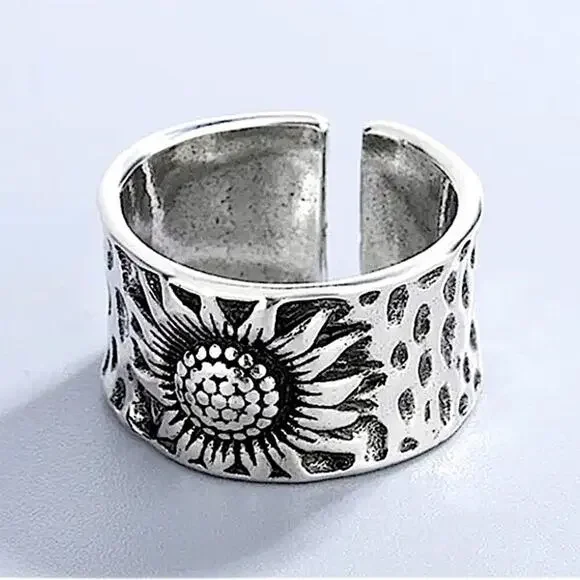 Sterling Silver Sunflower Adjustable Resizable Band Minimalist Ri…