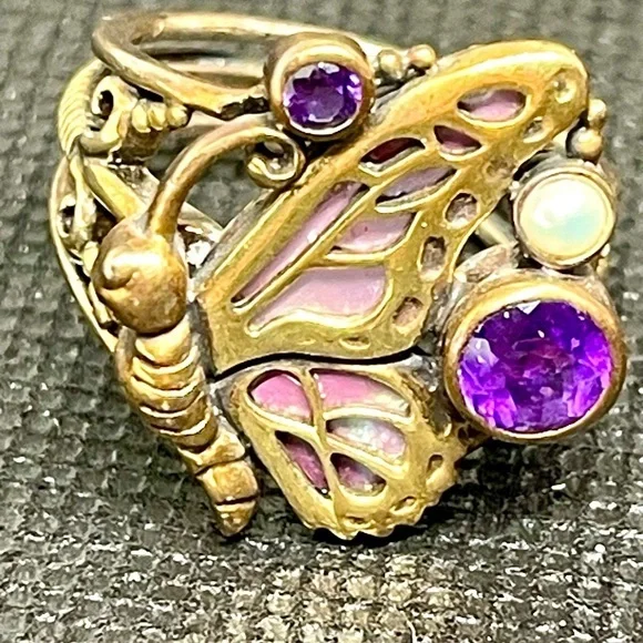 Rare❣️925 Gold Sterling Elegant Butterfly Ring Amethyst Purple Pearl Brass Ring