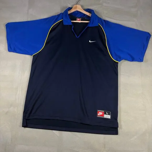 Nike Y2K‎ Colorblock Polo Shirt Mens L Navy Blue Yellow Swoosh Athletic Vintage