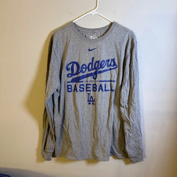 Nike Mens Los Angeles Dodgers Long Sleeve Graphic Tee Gray‎ XL Athletic Cut MLB