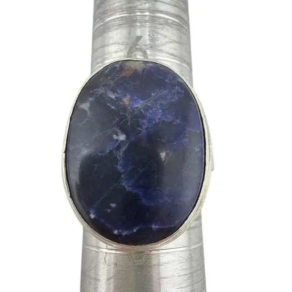 Deep Blue Oval Sodalite 925 Sterling Silver Ring Size 8.5