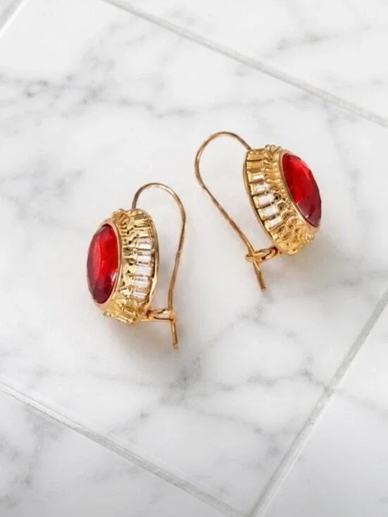 Pick 3 for $30 Caged Gold Earrings - Red Gemstone Oval Shape
