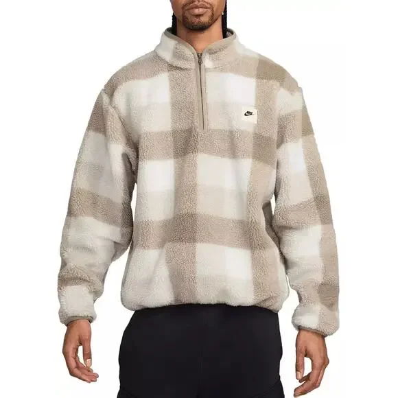 Nike Men's Club Winterized Khaki  Plaid Fleece 1/2 Zip Jacket