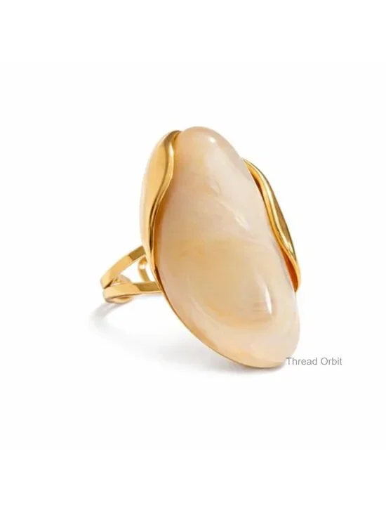 Chunky Oval Acrylic Statement Ring - Adjustable Open Circle, Gold Plated