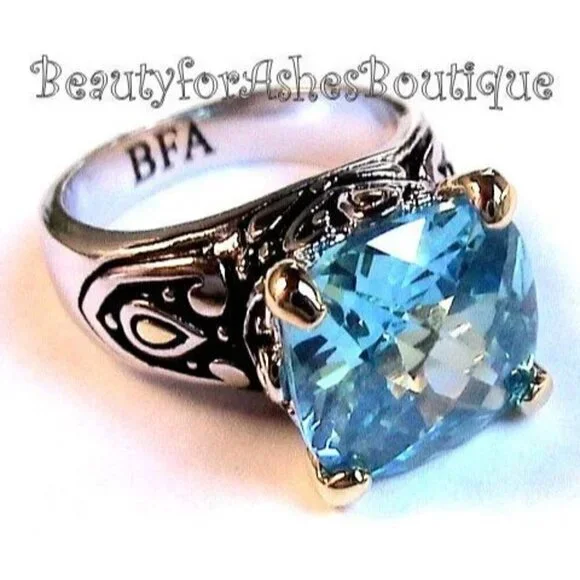 Elegant 12mm Faceted Aqua Blue CZ Throne Room Ring by Beauty for Ashes - Size 6