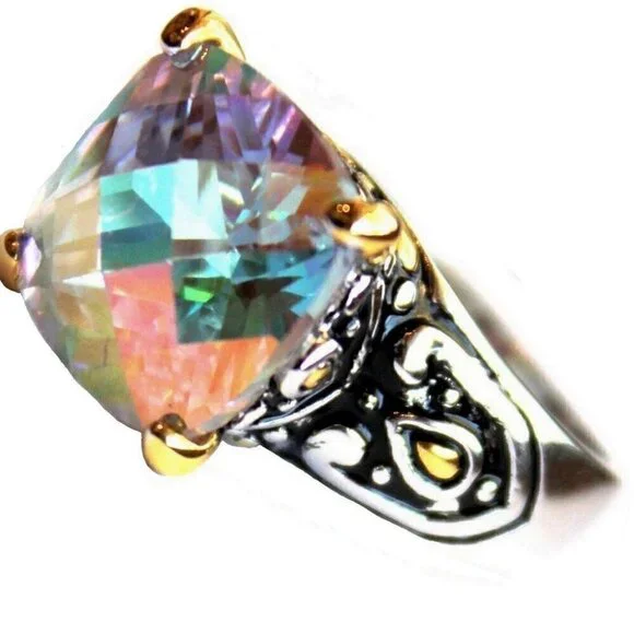 Womens Two Tone Gods Fire Throne Room Aurora Borealis AB Rainbow Ice CZ Ring 8