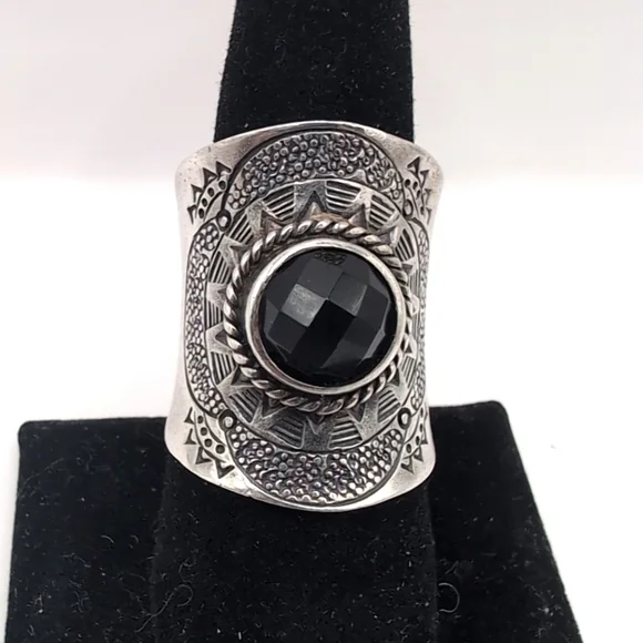 Vintage NF 925 Sterling Silver Faceted Black Stone Hematite Thai Thailand Ring