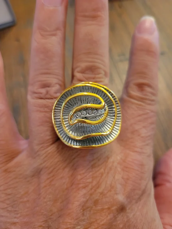 Gold and Silver Swirl Statement Ring with Crystal Accents