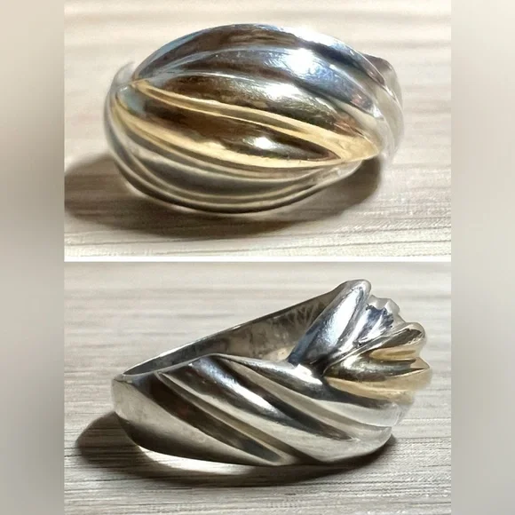 Vintage Designer Signed M. Sterling Silver & 14K Gold Scalloped Ring, Size 6