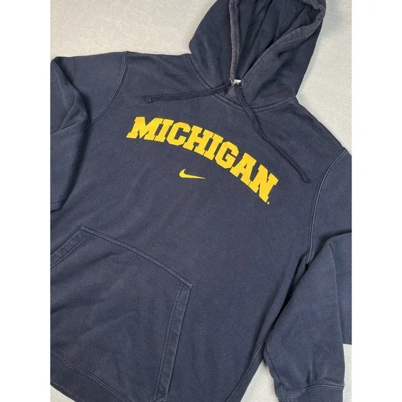 Vtg Michigan Wolverine Nike HoodieLarge Blue Spellout‎ Center Swoosh Stretch Y2K