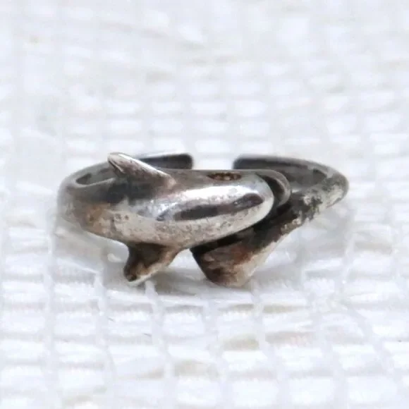 Vintage Sterling Silver Dolphin Toe Ring Adjustable Size 3.5 Ocean Theme