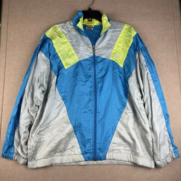 Vintage Nike Windbreaker Jacket M Blue Silver Neon Yellow Retro 90s Track USA‎