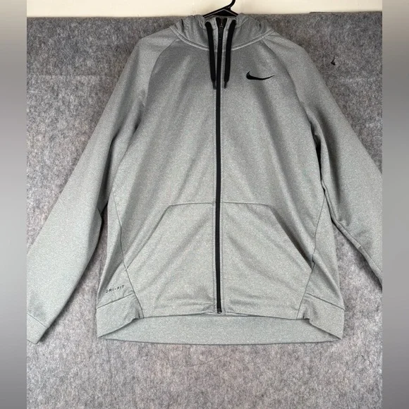 Nike Dri-Fit Hoodie Men's L Heather Grey Setin‎ Logo Print Long Sleeve Full Zip
